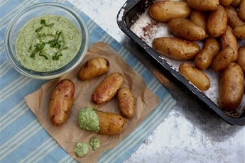 Roast new potatoes with a watercress and mint dip