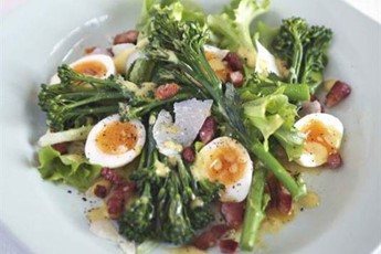 Warm Tenderstem broccoli, quail eggs and bacon salad recipe
