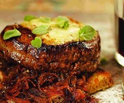José Pizarro's Fillet steak on toast with onions and melted cheese
