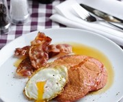 Beetroot pancakes with eggs, bacon and maple syrup recipe