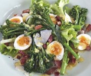 Warm Tenderstem broccoli, quail eggs and bacon salad recipe