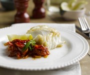 Roasted cod with pepperonata and basil recipe